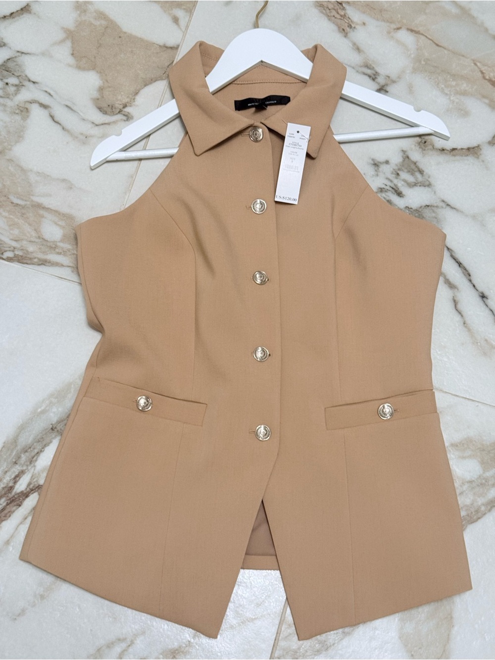White House Black Market Beige Sleeveless Button-Front Collared Camisole